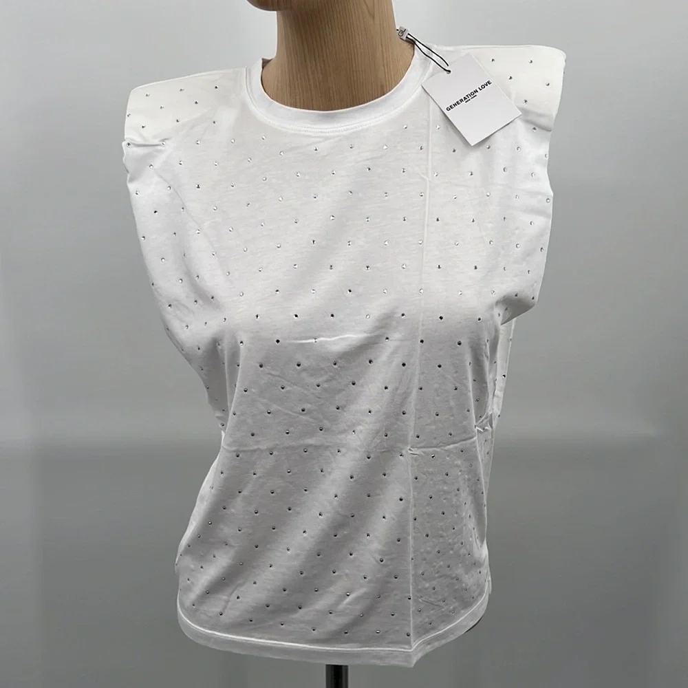 🆕Padded Shoulder Tee Generation Love Lex Crystal Sleeveless White Soft T-Shirt - Picture 3 of 16
